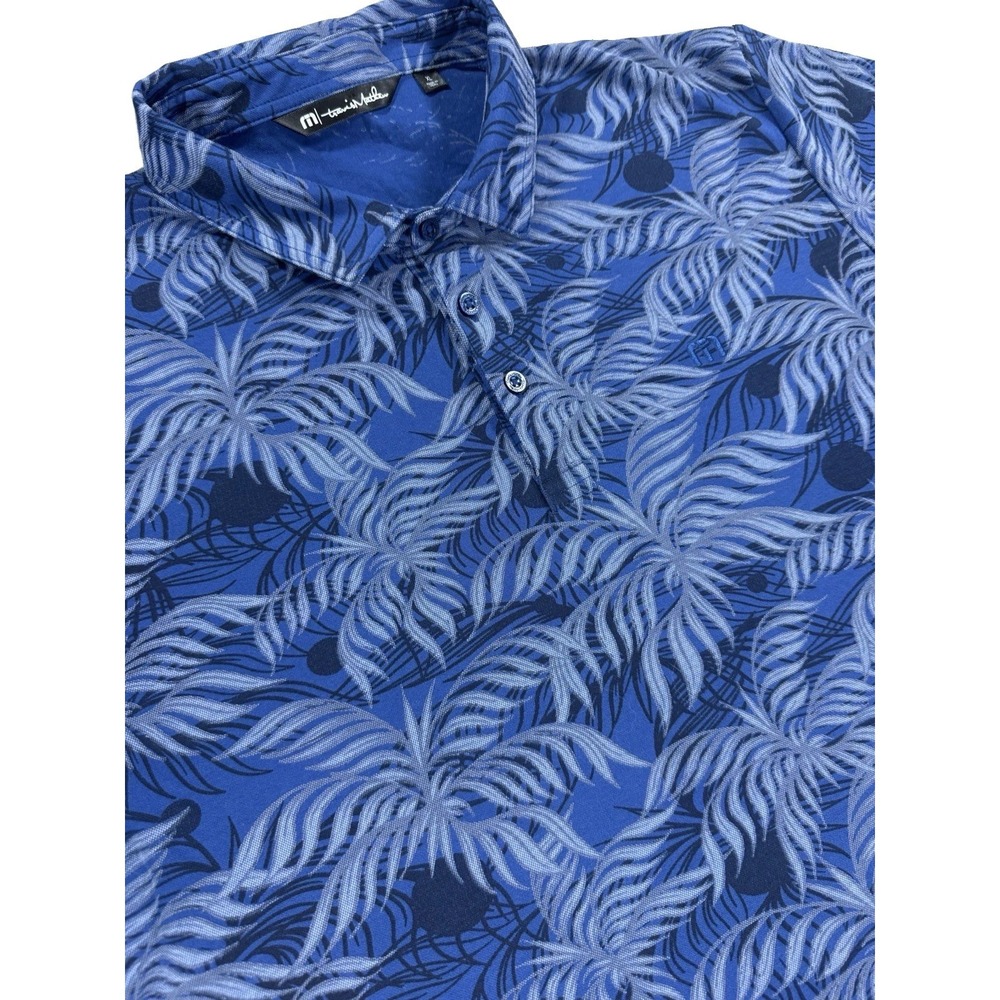TravisMathew Polo Shirt Men's XL Blue Golf All Over Print Palm Trees Resortwear